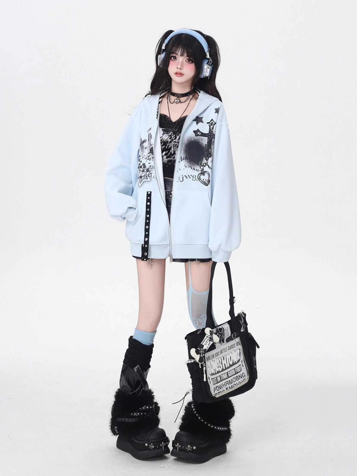 A soft take on dark aesthetics, this hoodie blends subtle gothic charm with effortless streetwear style. Delicate lace-like detailing and a versatile zip-front design create a layered look, while the relaxed fit and muted blue/beige tones keep it wearable and fresh. Lightweight for early autumn, it layers seamlessly over bras, tanks, or dresses—for those who express their edge with subtlety and grace.