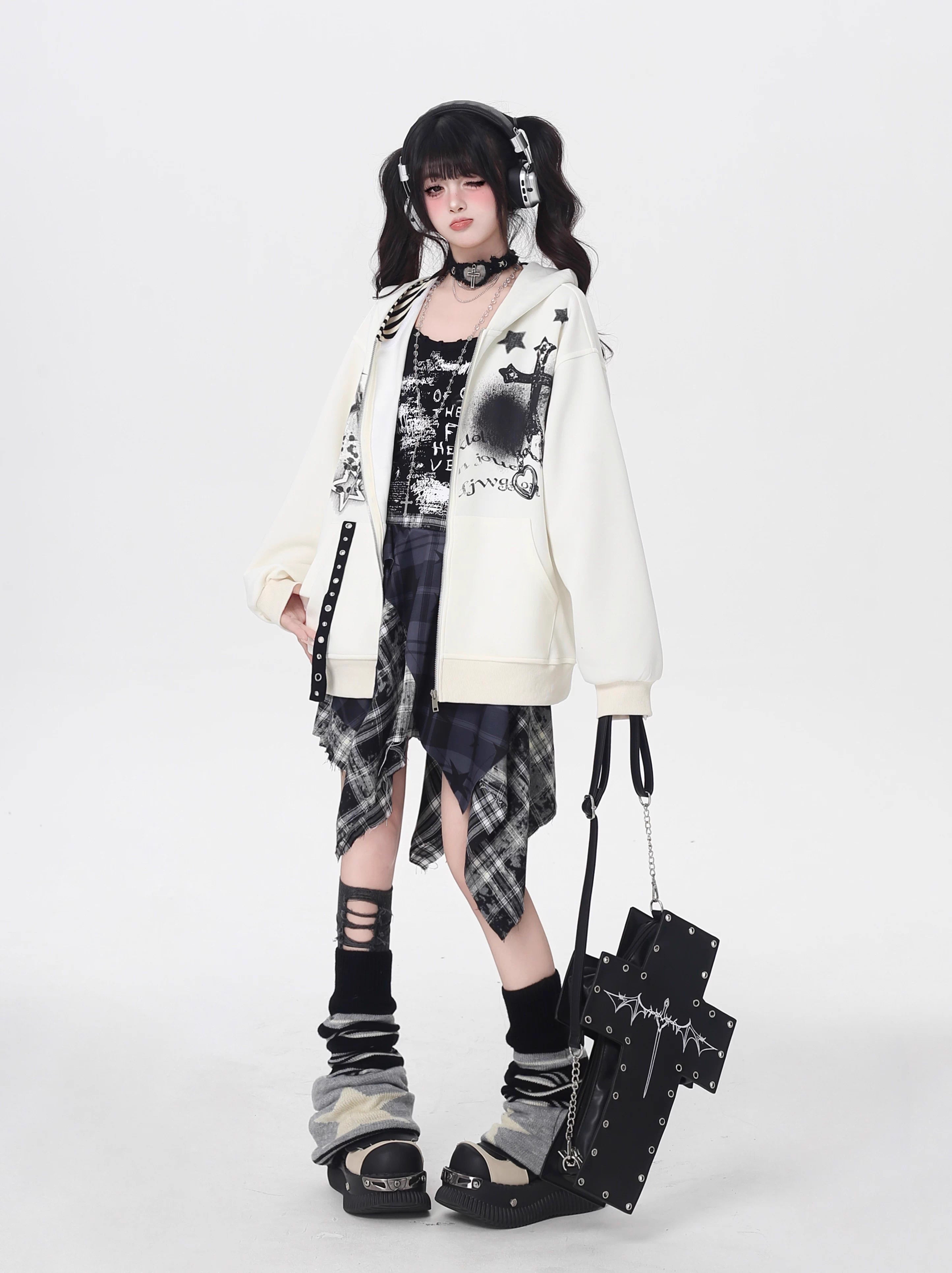 A soft take on dark aesthetics, this hoodie blends subtle gothic charm with effortless streetwear style. Delicate lace-like detailing and a versatile zip-front design create a layered look, while the relaxed fit and muted blue/beige tones keep it wearable and fresh. Lightweight for early autumn, it layers seamlessly over bras, tanks, or dresses—for those who express their edge with subtlety and grace.