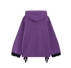 This original Halloween-inspired sweater blends subcultural edge with playful spookiness. The embroidered ghost motif and bold black-purple color blocking create a striking visual impact, while the adjustable lace-up detail allows for a customized fit. The relaxed silhouette and soft knit fabric offer both comfort and style, making it perfect for expressing your unique alternative aesthetic during the festive season and beyond.