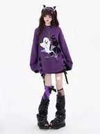 This original Halloween-inspired sweater blends subcultural edge with playful spookiness. The embroidered ghost motif and bold black-purple color blocking create a striking visual impact, while the adjustable lace-up detail allows for a customized fit. The relaxed silhouette and soft knit fabric offer both comfort and style, making it perfect for expressing your unique alternative aesthetic during the festive season and beyond.