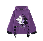 This original Halloween-inspired sweater blends subcultural edge with playful spookiness. The embroidered ghost motif and bold black-purple color blocking create a striking visual impact, while the adjustable lace-up detail allows for a customized fit. The relaxed silhouette and soft knit fabric offer both comfort and style, making it perfect for expressing your unique alternative aesthetic during the festive season and beyond.