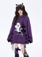 This original Halloween-inspired sweater blends subcultural edge with playful spookiness. The embroidered ghost motif and bold black-purple color blocking create a striking visual impact, while the adjustable lace-up detail allows for a customized fit. The relaxed silhouette and soft knit fabric offer both comfort and style, making it perfect for expressing your unique alternative aesthetic during the festive season and beyond.