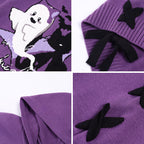 This original Halloween-inspired sweater blends subcultural edge with playful spookiness. The embroidered ghost motif and bold black-purple color blocking create a striking visual impact, while the adjustable lace-up detail allows for a customized fit. The relaxed silhouette and soft knit fabric offer both comfort and style, making it perfect for expressing your unique alternative aesthetic during the festive season and beyond.