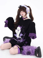 This original Halloween-inspired sweater blends subcultural edge with playful spookiness. The embroidered ghost motif and bold black-purple color blocking create a striking visual impact, while the adjustable lace-up detail allows for a customized fit. The relaxed silhouette and soft knit fabric offer both comfort and style, making it perfect for expressing your unique alternative aesthetic during the festive season and beyond.
