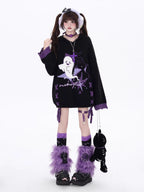 This original Halloween-inspired sweater blends subcultural edge with playful spookiness. The embroidered ghost motif and bold black-purple color blocking create a striking visual impact, while the adjustable lace-up detail allows for a customized fit. The relaxed silhouette and soft knit fabric offer both comfort and style, making it perfect for expressing your unique alternative aesthetic during the festive season and beyond.