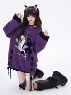 This original Halloween-inspired sweater blends subcultural edge with playful spookiness. The embroidered ghost motif and bold black-purple color blocking create a striking visual impact, while the adjustable lace-up detail allows for a customized fit. The relaxed silhouette and soft knit fabric offer both comfort and style, making it perfect for expressing your unique alternative aesthetic during the festive season and beyond.