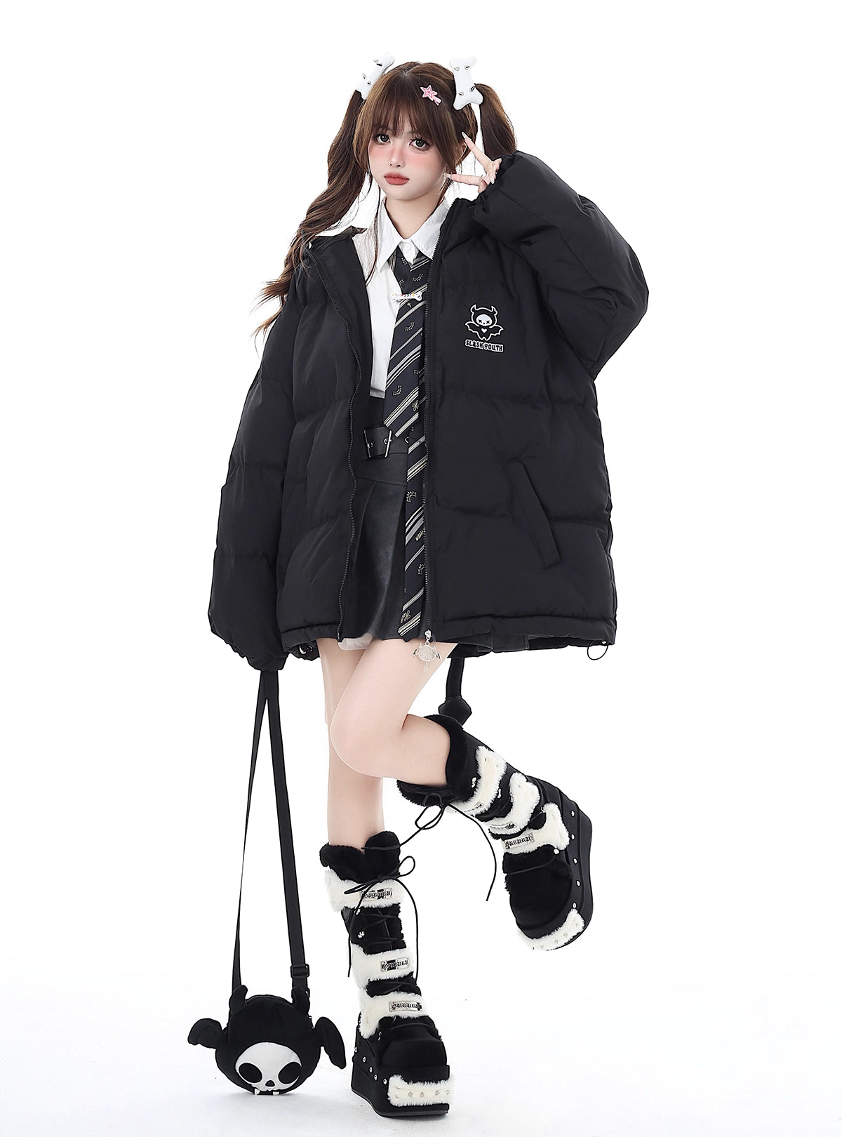 This bold winter jacket blends playful sweetness with rebellious edge. Featuring a striking 3D devil motif and plush oversized silhouette, it delivers both warmth and attitude. The deep hood, soft padding, and included devil-themed crossbody bag create a cohesive, street-ready look. Perfect for expressing your unique mix of cute and cool during the cold season.