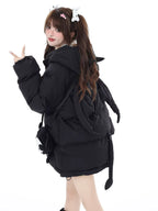 This bold winter jacket blends playful sweetness with rebellious edge. Featuring a striking 3D devil motif and plush oversized silhouette, it delivers both warmth and attitude. The deep hood, soft padding, and included devil-themed crossbody bag create a cohesive, street-ready look. Perfect for expressing your unique mix of cute and cool during the cold season.