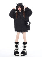 This bold winter jacket blends playful sweetness with rebellious edge. Featuring a striking 3D devil motif and plush oversized silhouette, it delivers both warmth and attitude. The deep hood, soft padding, and included devil-themed crossbody bag create a cohesive, street-ready look. Perfect for expressing your unique mix of cute and cool during the cold season.