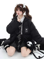 This bold winter jacket blends playful sweetness with rebellious edge. Featuring a striking 3D devil motif and plush oversized silhouette, it delivers both warmth and attitude. The deep hood, soft padding, and included devil-themed crossbody bag create a cohesive, street-ready look. Perfect for expressing your unique mix of cute and cool during the cold season.