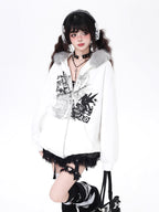 Mixing retro aesthetics with modern functionality, this hoodie features a removable faux fur-lined hood for versatile styling. The oversized cut and neutral grey-white palette offer effortless urban vibes, while brushed fleece interior ensures cozy warmth. Ideal for expressing low-key, laid-back street style with a nostalgic twist.