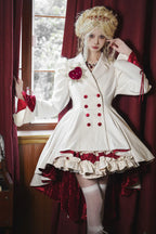 This coat defies convention with its dramatic asymmetrical hemline, blending Gothic mystery and Lolita elegance. The stark white hue and sharp double-breasted structure create a striking visual tension, while the elongated back silhouette adds a touch of theatrical romance. Designed for those who dare to stand out, it transforms the wearer into a vision of haunting beauty—where darkness and light intertwine in poetic contrast.
