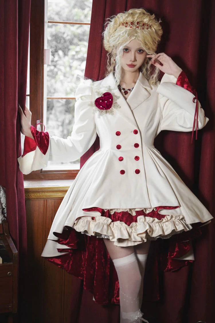 This coat defies convention with its dramatic asymmetrical hemline, blending Gothic mystery and Lolita elegance. The stark white hue and sharp double-breasted structure create a striking visual tension, while the elongated back silhouette adds a touch of theatrical romance. Designed for those who dare to stand out, it transforms the wearer into a vision of haunting beauty—where darkness and light intertwine in poetic contrast.