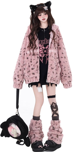 Bold and sweet collide in this original leopard-print sherpa jacket. Plush fluffy fabric meets a playful pink colorway, while the oversized cut and wild pattern express a fearless, feminine charm. Designed for those who crave warmth without sacrificing style—soft on the outside, untamed within.