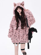 Bold and sweet collide in this original leopard-print sherpa jacket. Plush fluffy fabric meets a playful pink colorway, while the oversized cut and wild pattern express a fearless, feminine charm. Designed for those who crave warmth without sacrificing style—soft on the outside, untamed within.