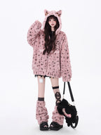 Bold and sweet collide in this original leopard-print sherpa jacket. Plush fluffy fabric meets a playful pink colorway, while the oversized cut and wild pattern express a fearless, feminine charm. Designed for those who crave warmth without sacrificing style—soft on the outside, untamed within.