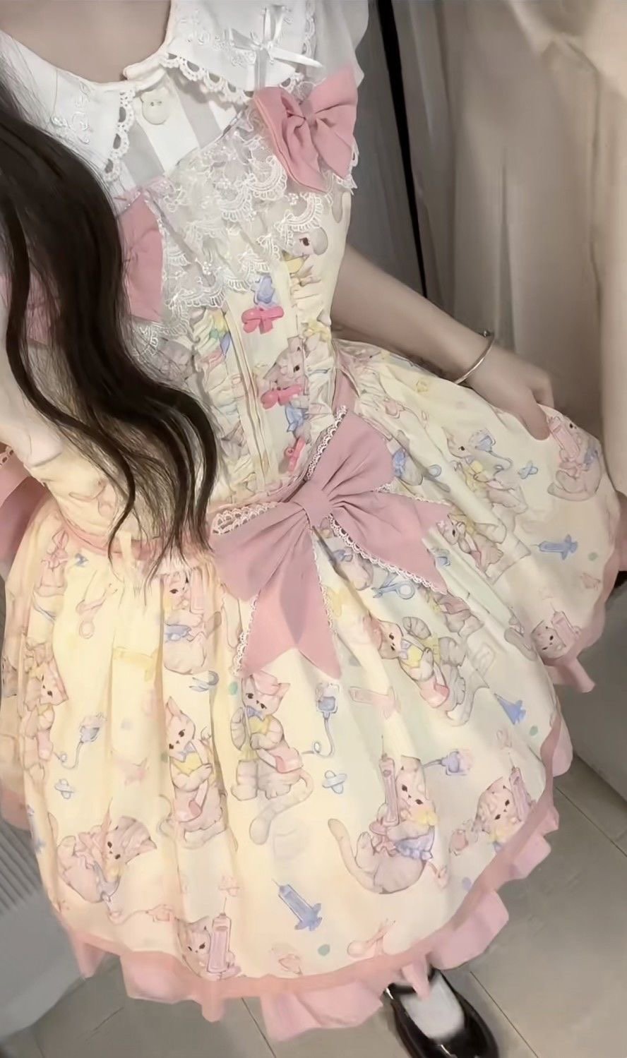 Sweet Lolita Yellow Cream Daily Butterfly Lace Strap Skirt Two-piece Set