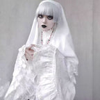 This striking headwear merges ecclesiastical elegance with punk rebellion. The adjustable elastic band ensures comfort, while the stark black-and-white veil creates dramatic draping. Perfect for adding sacred-edgy contrast to Gothic Lolita coordinations or avant-garde fashion statements. Its minimalist design embodies dark sophistication with a rebellious spirit.