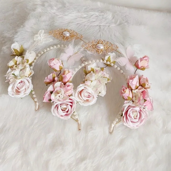 Lolita Hair Crown Flower Feathers Pearl Elegant Tiara Rococo Headband Fairy Princess Bridal