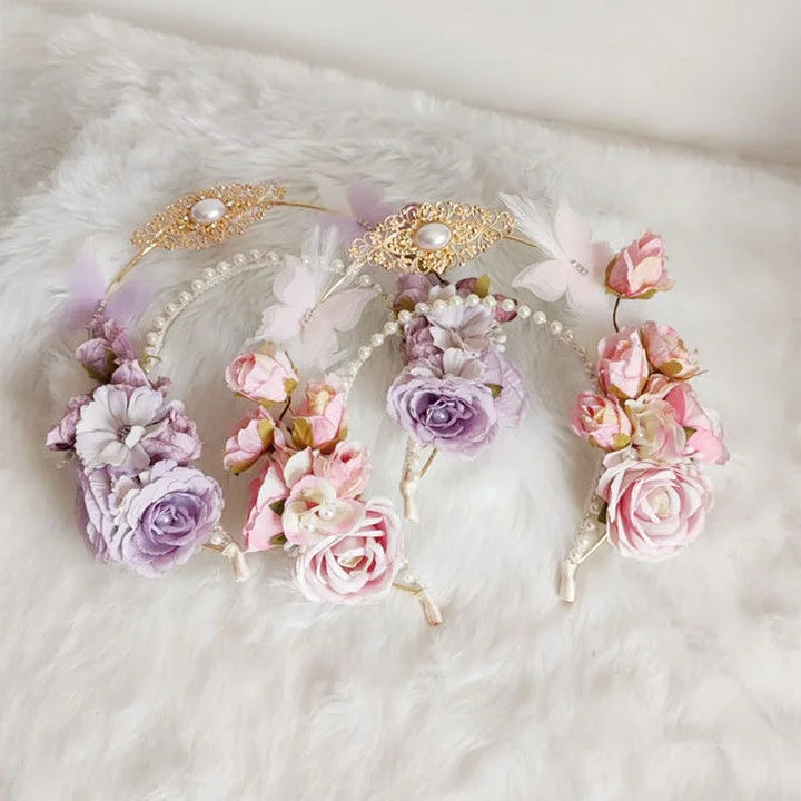 Lolita Hair Crown Flower Feathers Pearl Elegant Tiara Rococo Headband Fairy Princess Bridal
