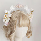 Lolita Hair Crown Flower Feathers Pearl Elegant Tiara Rococo Headband Fairy Princess Bridal
