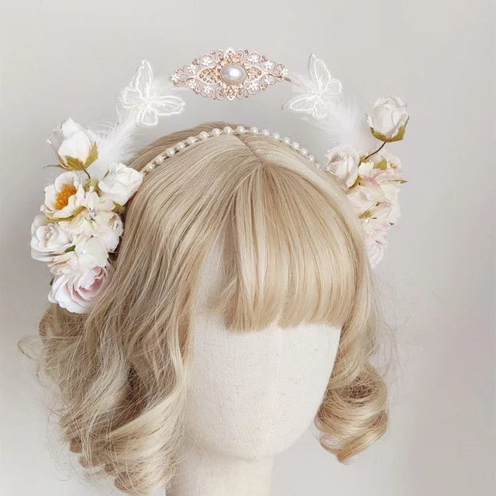 Lolita Hair Crown Flower Feathers Pearl Elegant Tiara Rococo Headband Fairy Princess Bridal