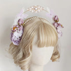 Lolita Hair Crown Flower Feathers Pearl Elegant Tiara Rococo Headband Fairy Princess Bridal