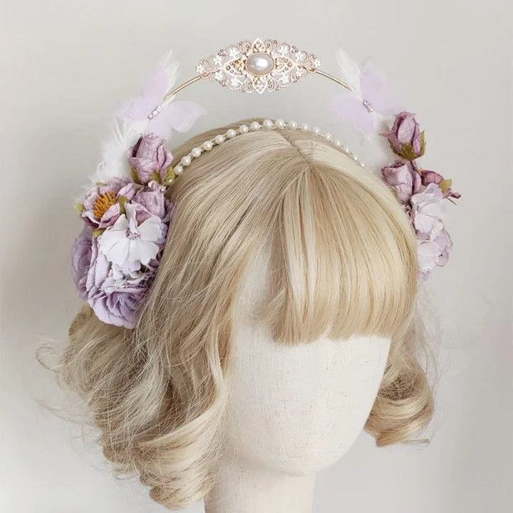 Lolita Hair Crown Flower Feathers Pearl Elegant Tiara Rococo Headband Fairy Princess Bridal