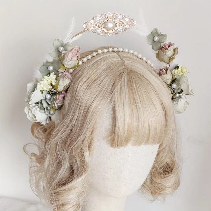Lolita Hair Crown Flower Feathers Pearl Elegant Tiara Rococo Headband Fairy Princess Bridal