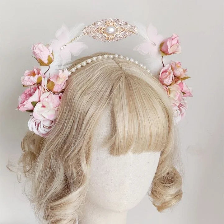 Lolita Hair Crown Flower Feathers Pearl Elegant Tiara Rococo Headband Fairy Princess Bridal