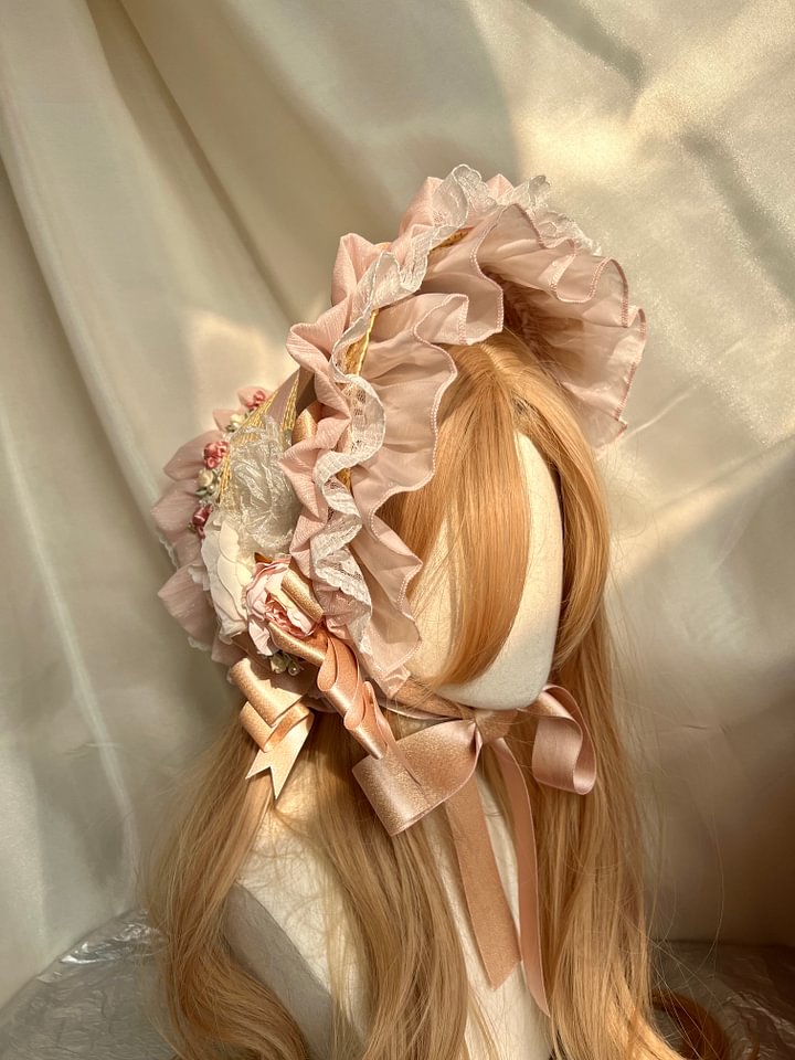 Lolita Hand Powder Generated White Ribbon Lace-Up Bonnet Hat