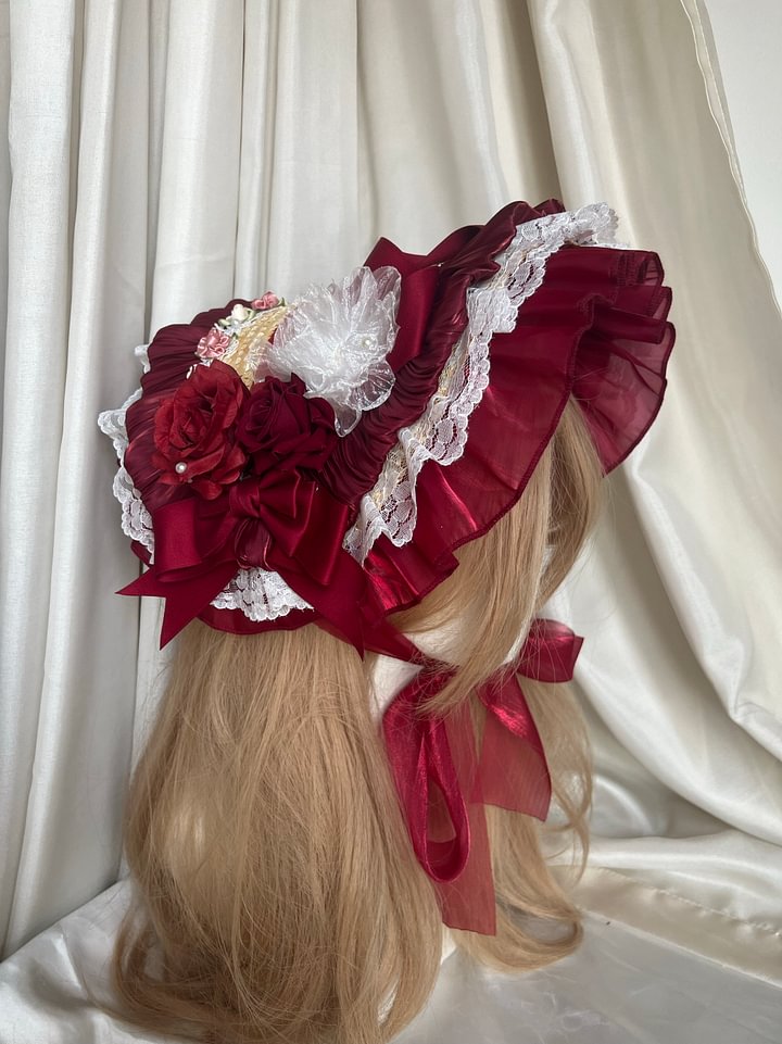 Lolita Hand Powder Generated White Ribbon Lace-Up Bonnet Hat
