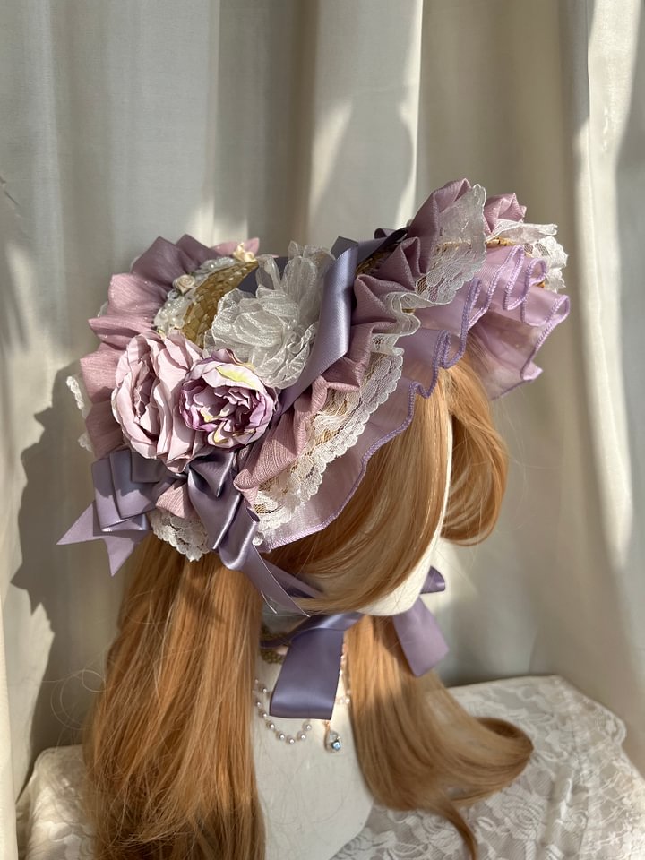 Lolita Hand Powder Generated White Ribbon Lace-Up Bonnet Hat