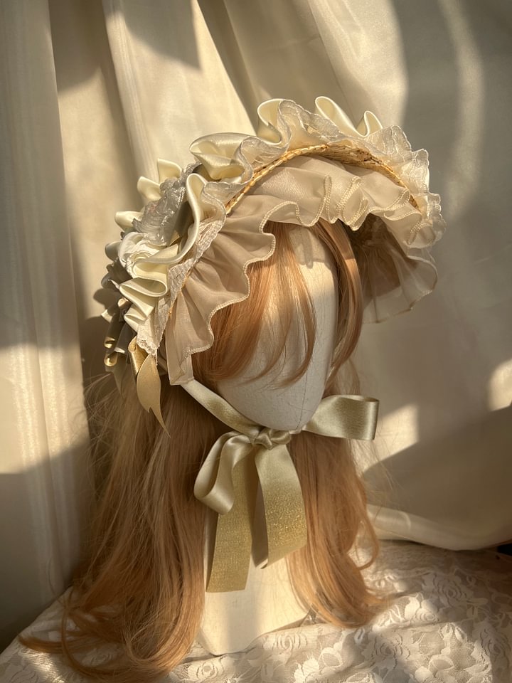 Lolita Hand Powder Generated White Ribbon Lace-Up Bonnet Hat