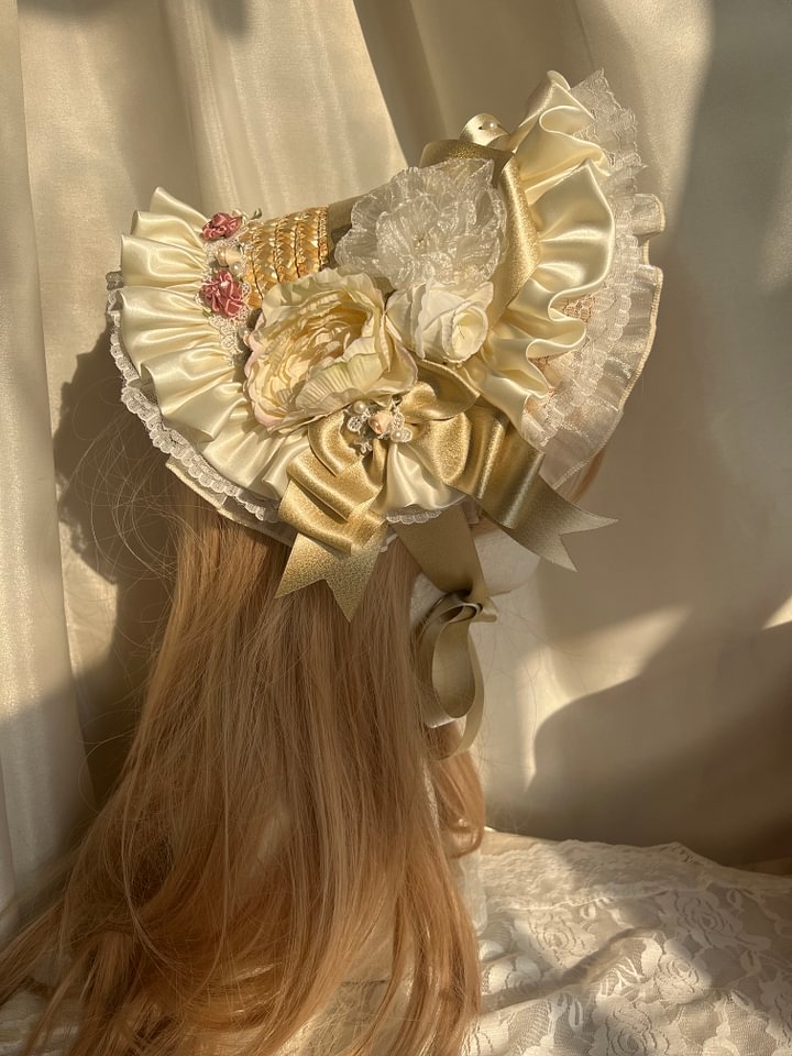 Lolita Hand Powder Generated White Ribbon Lace-Up Bonnet Hat