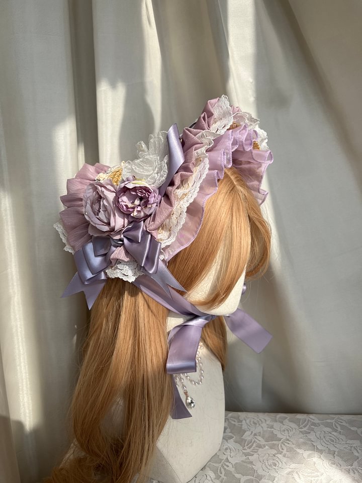 Lolita Hand Powder Generated White Ribbon Lace-Up Bonnet Hat