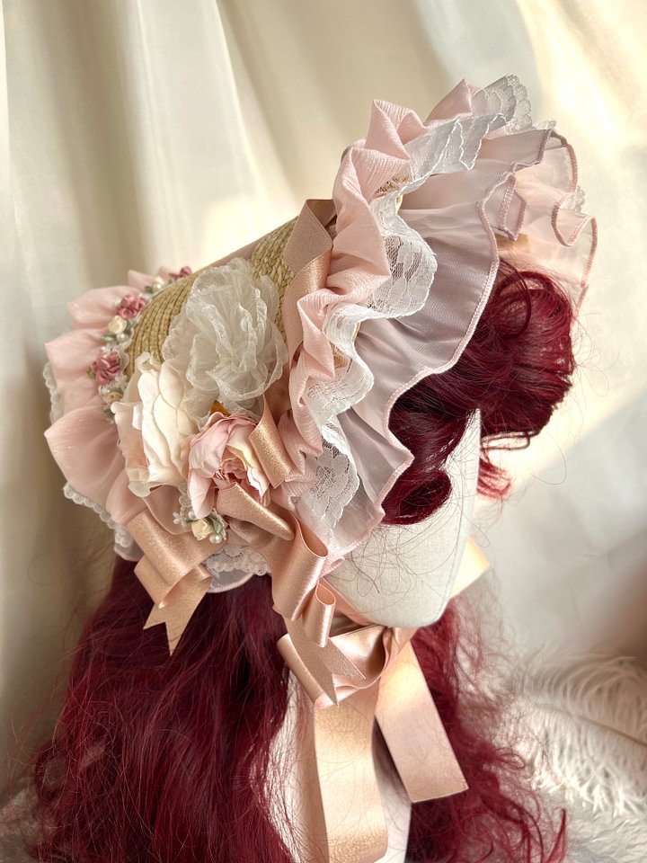 Lolita Hand Powder Generated White Ribbon Lace-Up Bonnet Hat