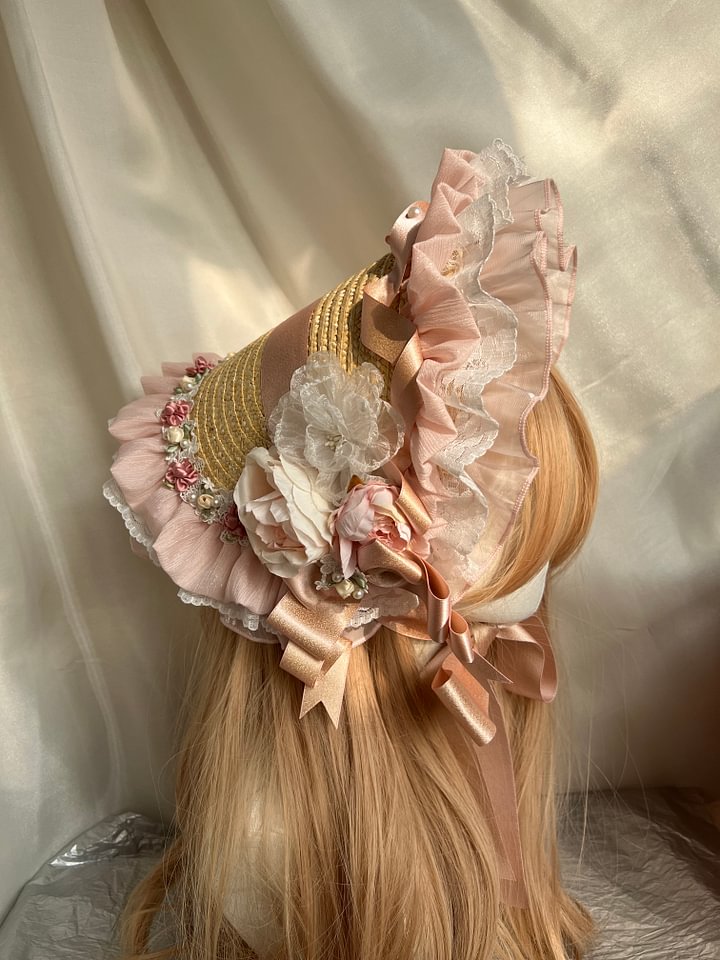 Lolita Hand Powder Generated White Ribbon Lace-Up Bonnet Hat
