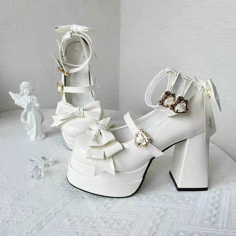 Lolita High Heels Women's Lo Shoes Cute Bow Round Head Thick Heel Single Shoes