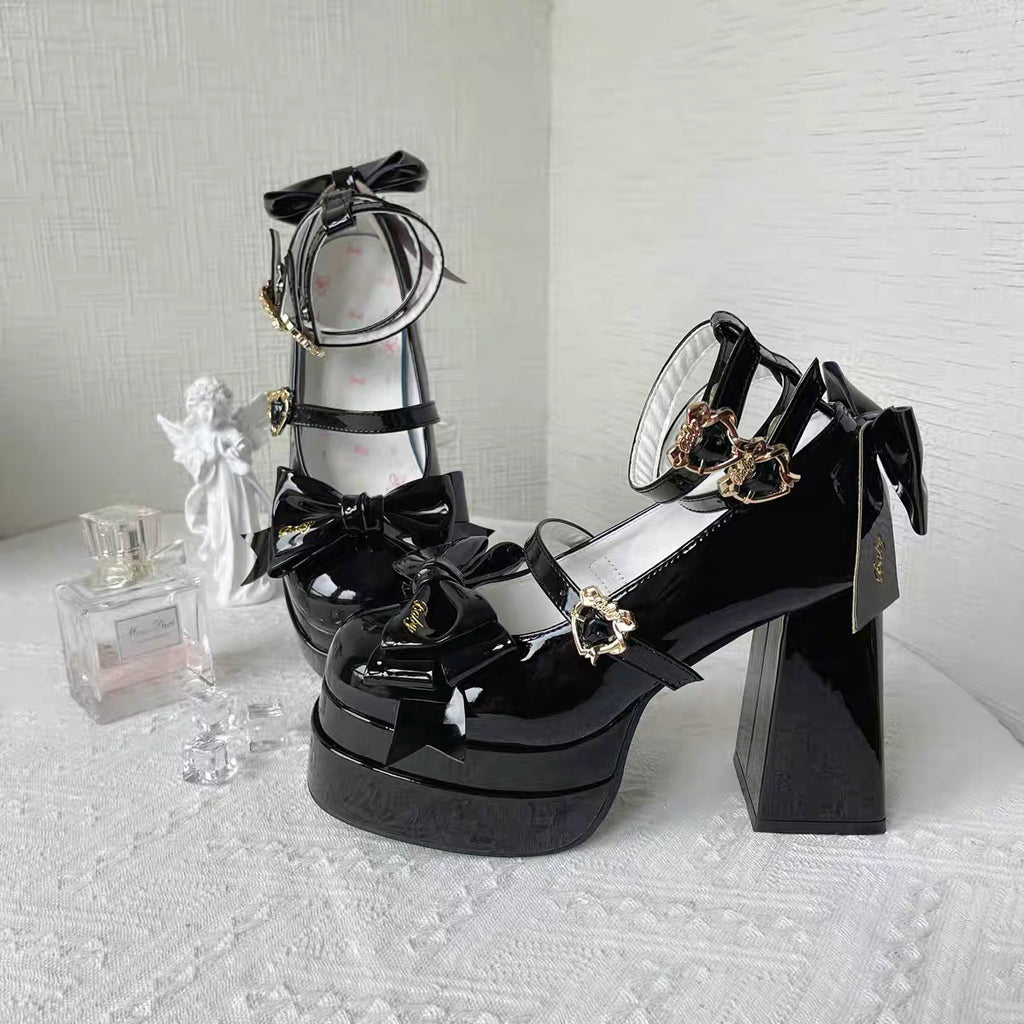 Lolita High Heels Women's Lo Shoes Cute Bow Round Head Thick Heel Single Shoes
