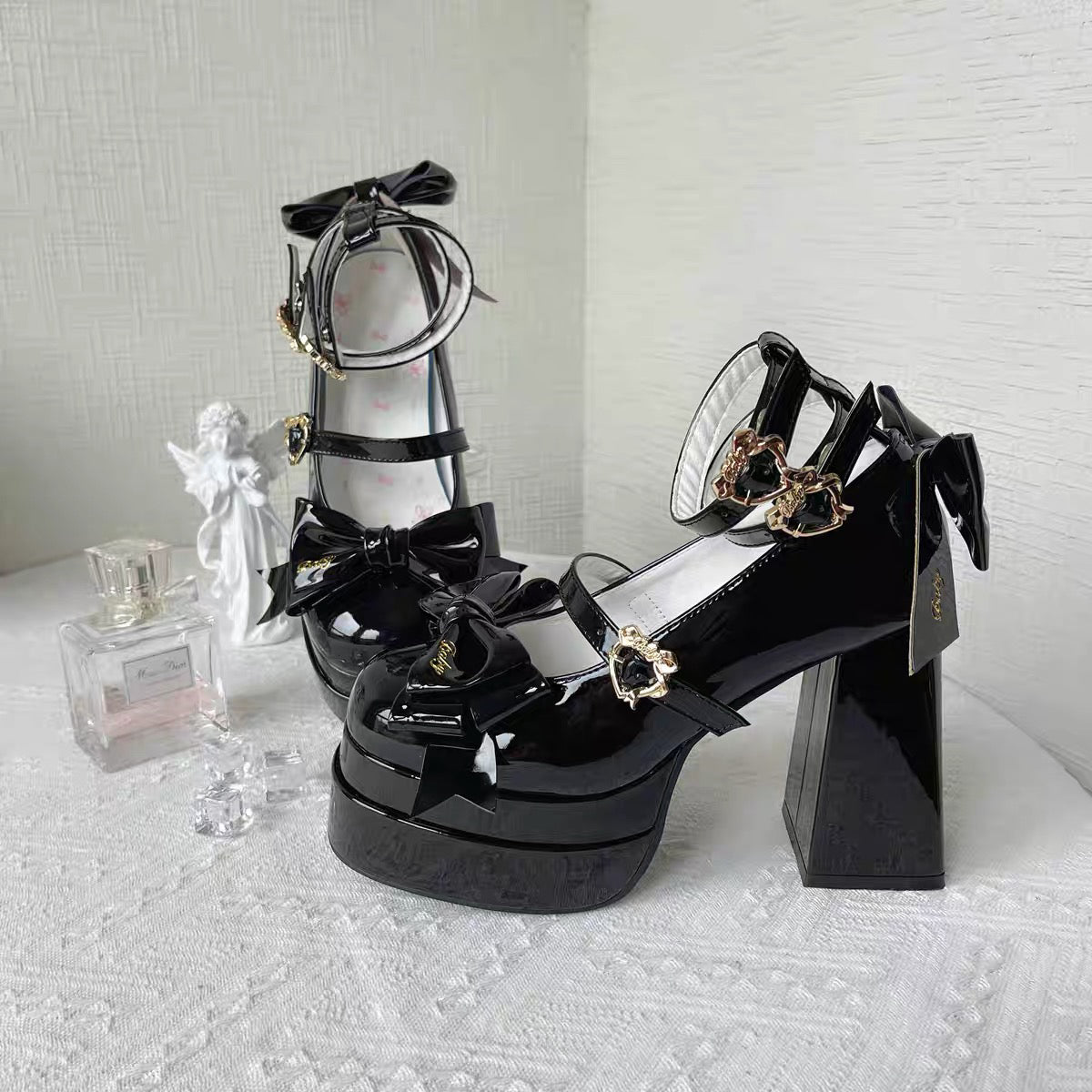 Lolita High Heels Women's Lo Shoes Cute Bow Round Head Thick Heel Single Shoes