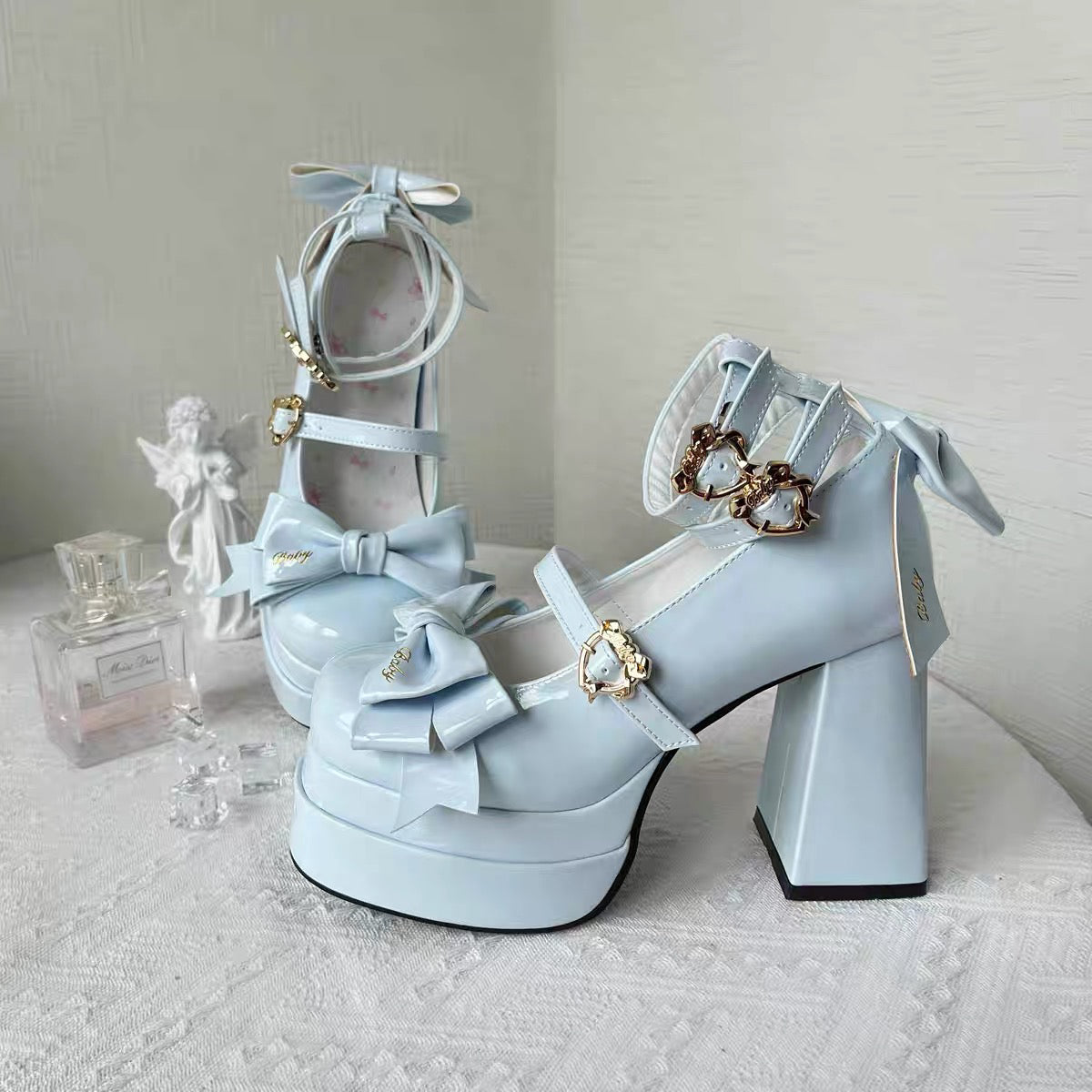 Lolita High Heels Women's Lo Shoes Cute Bow Round Head Thick Heel Single Shoes