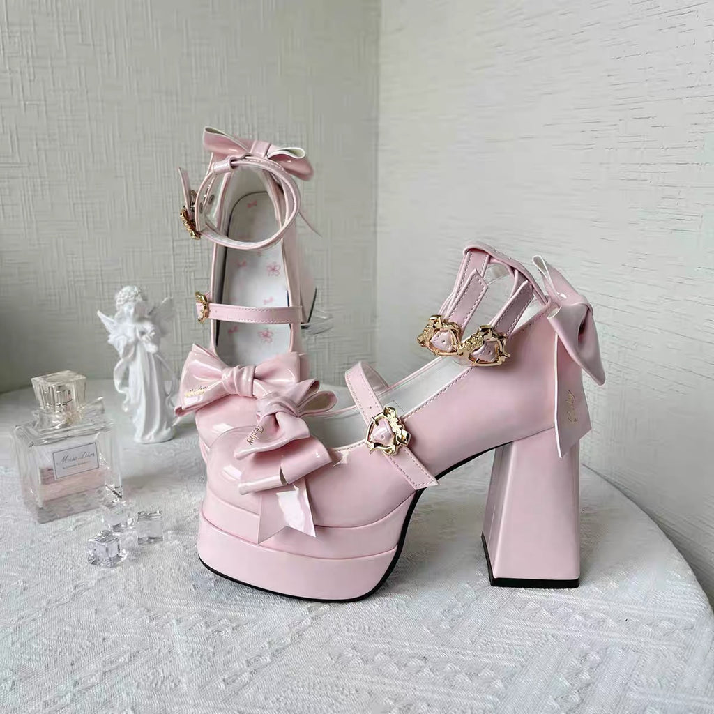 Lolita High Heels Women's Lo Shoes Cute Bow Round Head Thick Heel Single Shoes
