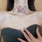 Lolita Necklace Accessories Elegant Pink Rose Lace Chock Fairy Necklace