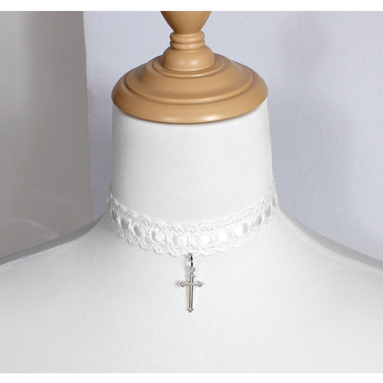 This Cross Lace Choker Necklace blends Gothic elegance with Lolita sweetness. Decorated with delicate lace and a central cross pendant, it exudes both mystery and charm. Available in white, blue, black, and pink, it adapts to different moods and outfits. Perfect for Gothic, Lolita, or vintage-inspired styles, this versatile accessory adds a graceful yet bold touch to any look, making it ideal for parties, cosplay, or daily wear.