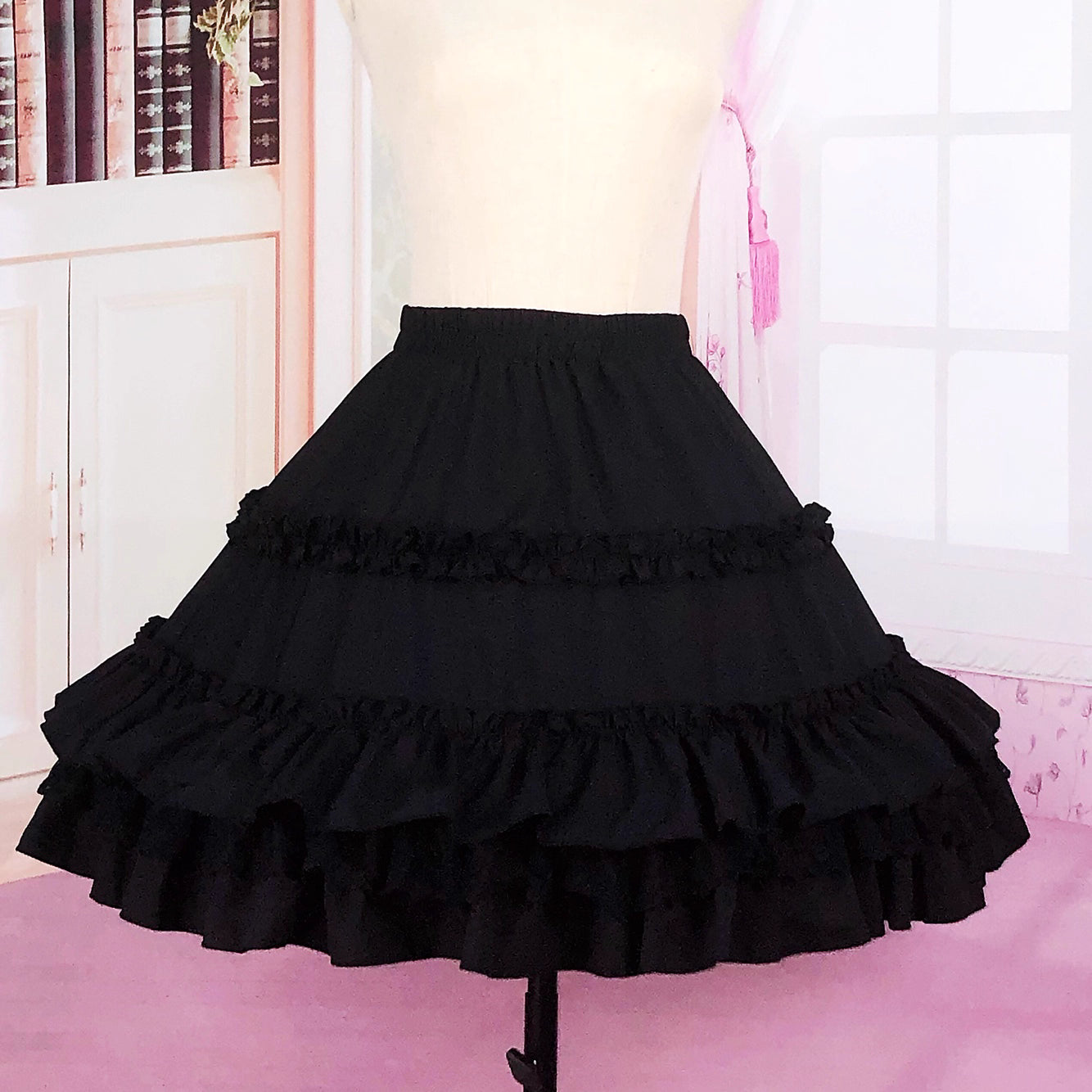 Lolita Petticoat Black Glass Yarn Ruffles Adjustable Fishbone Mini Pannier for Daily Tea Party