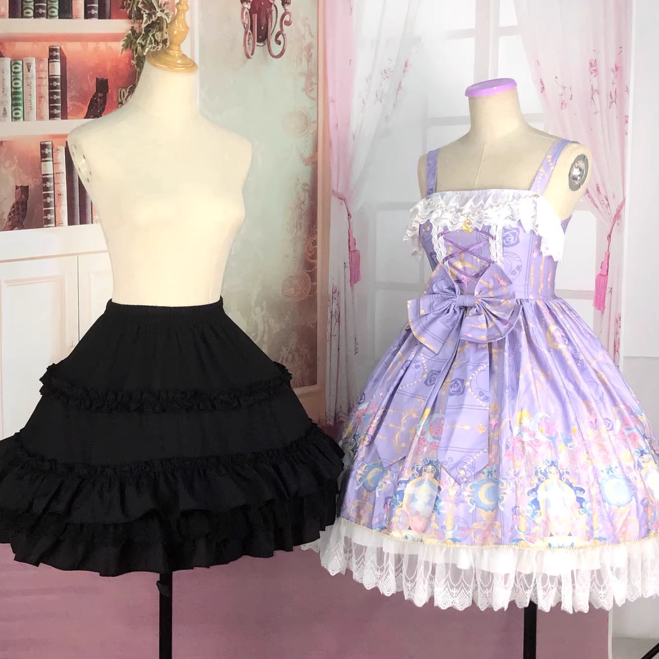 Lolita Petticoat Black Glass Yarn Ruffles Adjustable Fishbone Mini Pannier for Daily Tea Party