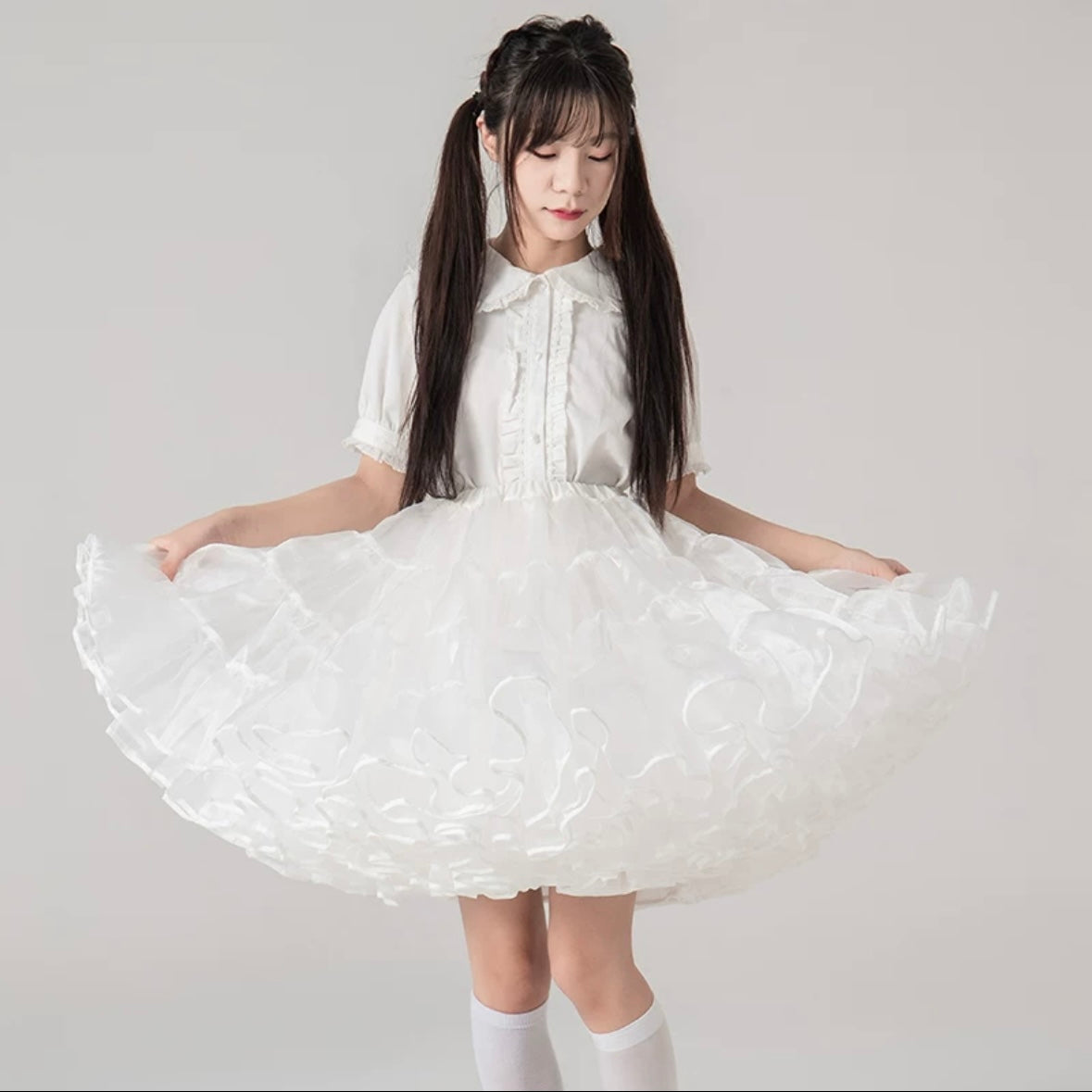 Lolita Petticoats White Cake Layer Ruffle Puffy Pannier Crinoline Organza 17.5inches