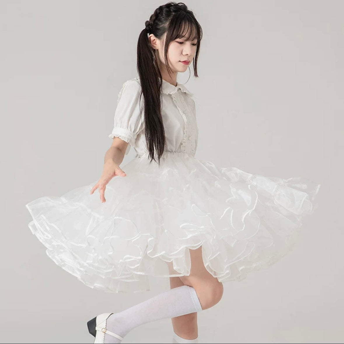 Lolita Petticoats White Cake Layer Ruffle Puffy Pannier Crinoline Organza 21.5inches