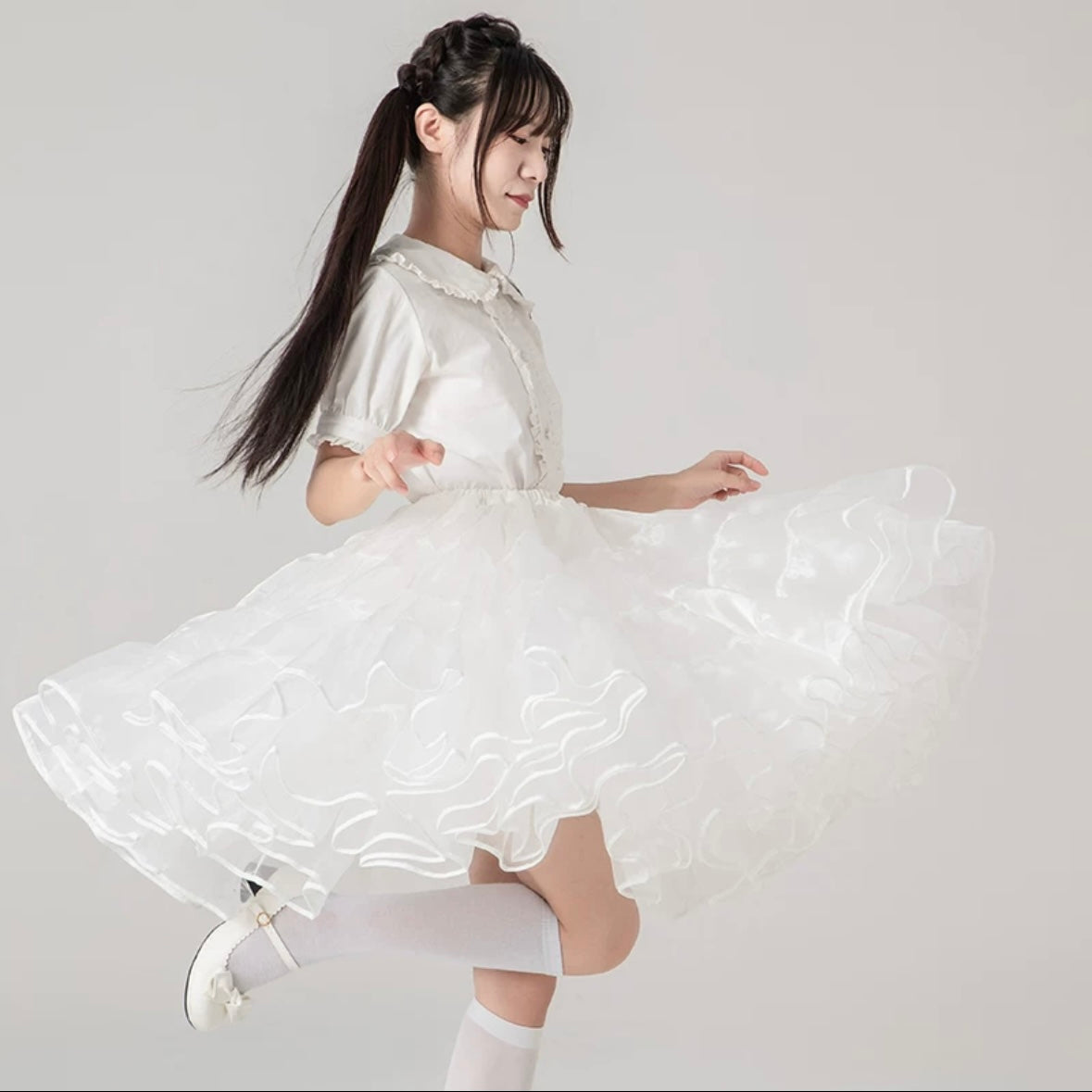 Lolita Petticoats White Cake Layer Ruffle Puffy Pannier Crinoline Organza 21.5inches